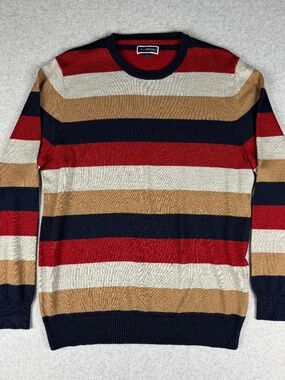 Club Room Mens Large Merino Wool Blend Striped Sweater Navy Maroon Tan Crewneck